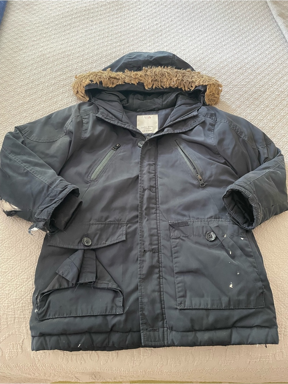 Zara Navy Blue Kids Parka Jacket with Faux-Fur Trim